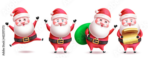 Christmas santa claus vector set design. Santa claus characters in cute funny cartoon, mascot and costume isolated in white. Vector illustration santa character collection. 