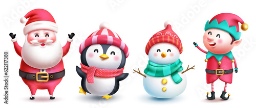 Christmas characters vector set design. Christmas santa claus, penguin, snow man and elf cartoon character isolated in white. Vector illustration seasonal holiday character collection. 