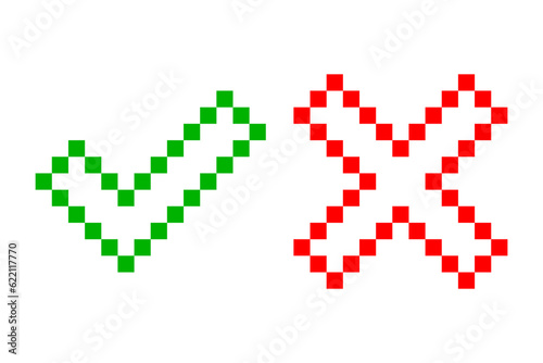 Pixel art check mark and cross mark. Tick and cross sign. Vector illustration. EPS 10.