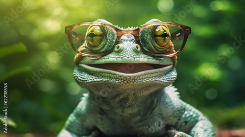 scale green portrait wildlife close-up iguana reptile animal glasses lizard. Generative AI.