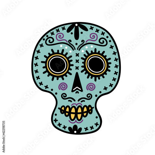 Funny sugar skull vector icon. Festive mask of a handsome Mexican man isolated on white. Sketch for the day of the dead, Dia de Muertos. Cartoon clipart, head with gold teeth. For posters, print, web