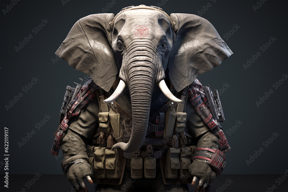 Generative AI.
elephant soldiers wear armed vests