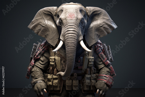 Generative AI. elephant soldiers wear armed vests