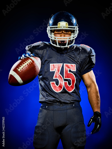 one american football player man isolated on colorful black background