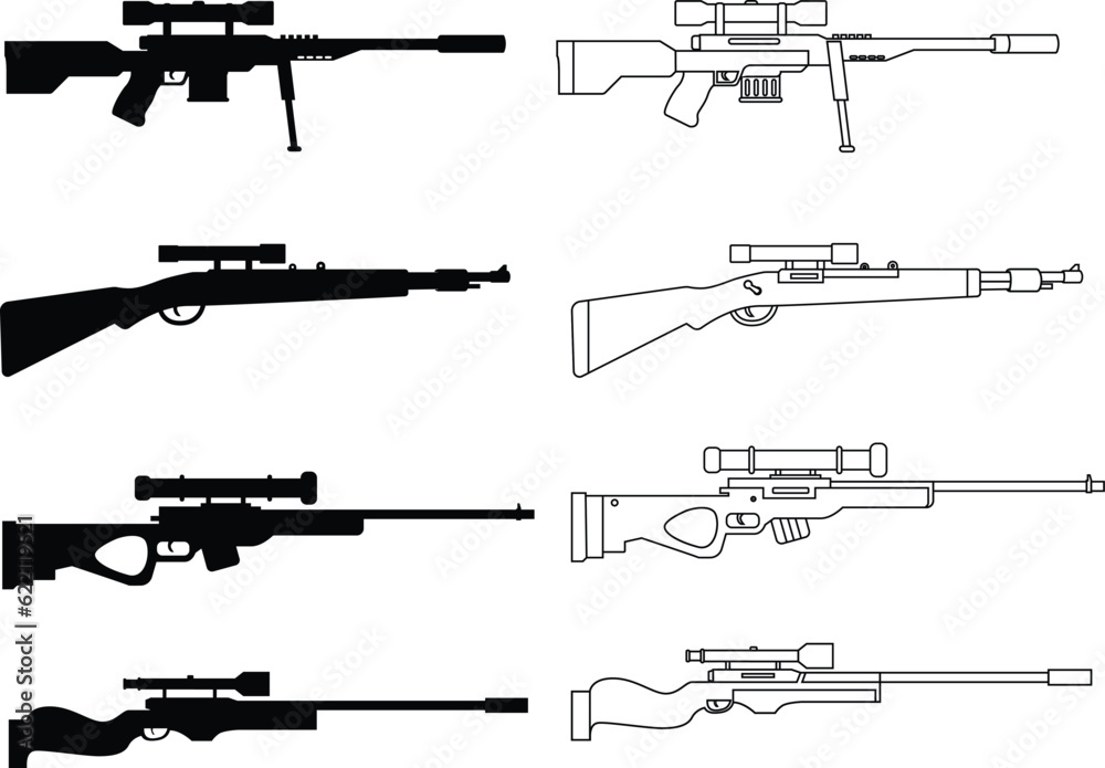 Set of sniper riffle guns illustration. Sniper rifle silhouettes