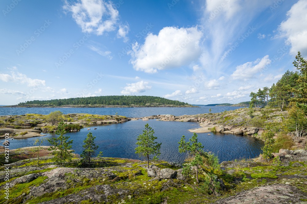 Panoramic landscape of Ladoga lake nature, Karelia republic, Russia.