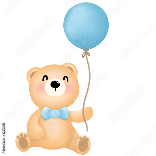 Little brown bear holding cute colored balloons in a sitting position.