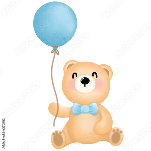 Little bear holding a blue balloon, so cute.