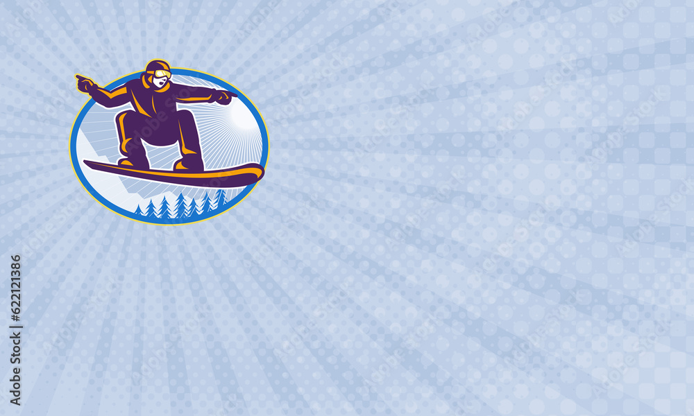 Business card showing Illustration of a snowboarding spin jumping on snowboard pointing set inside oval with alpine trees in background. Business card showing Illustration of a snowboarding spin jumping on snowboard pointing set inside oval with alpine trees in background.