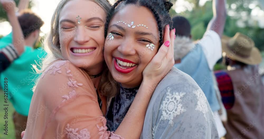 Music festival, hug and face of friends at party for dancing ...
