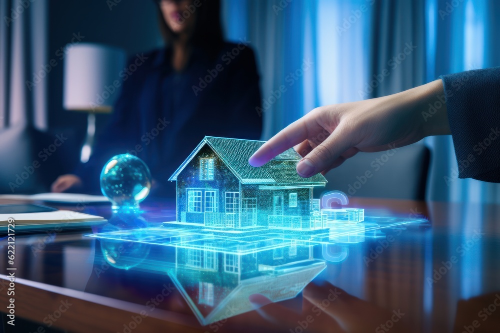 a concept holo 3d render model of a small living house on a table in a real estate agency. signing mortgage contract document and demonstrating. futuristic business. blurry background. Generative AI - obrazy, fototapety, plakaty 