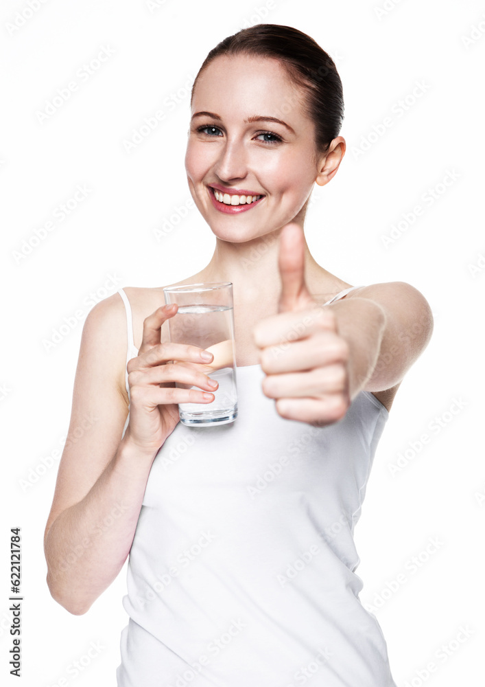 Beautiful girl holding glass with still healthy water on white background Beautiful girl holding glass with still healthy water on white background