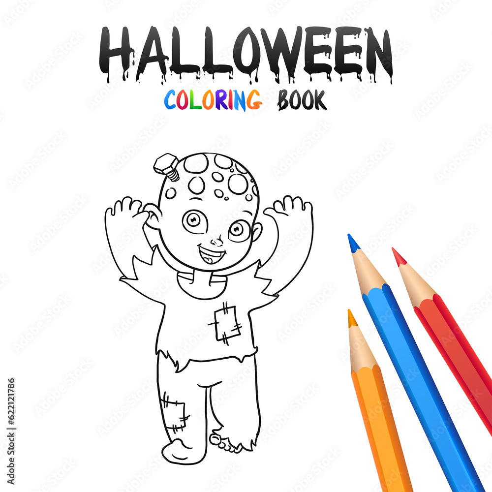 Cheerful Boy in Halloween Costume Zombie. Halloween Coloring Book. Illustration for children vector cartoon character isolated on white background.