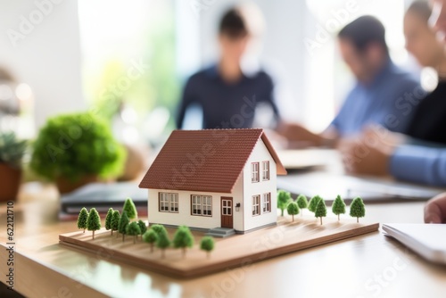 a concept 3d render model of a small living eco -friendly green house on a table in a real estate agency. estate agent and the buyer clients signing mortgage contract document. Generative AI