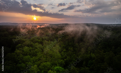 Aerial view of low clouds and sunset after a thunderstorm passed though -Massachusetts 