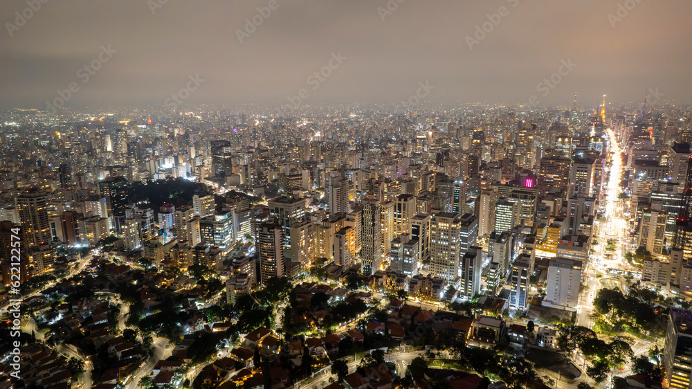 Aerial view of Av. Paulista in Sao Paulo, SP. Main avenue of the capital. Photo at night, with car lights.