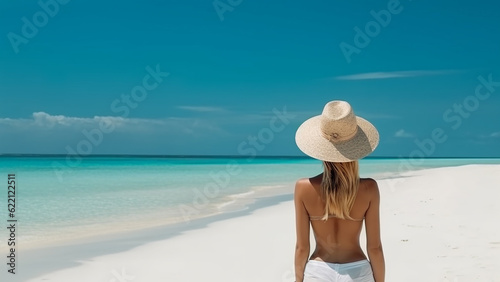 Beautiful young woman on a sandy tropical sea beach  view from the back. Generative AI