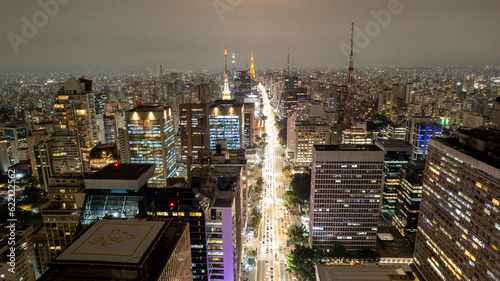 Aerial view of Av. Paulista in Sao Paulo, SP. Main avenue of the capital. Photo at night, with car lights. photo