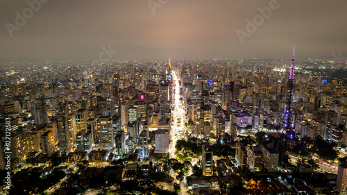 Wallpaper Mural Aerial view of Av. Paulista in Sao Paulo, SP. Main avenue of the capital. Photo at night, with car lights. Torontodigital.ca