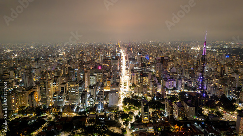 Aerial view of Av. Paulista in Sao Paulo  SP. Main avenue of the capital. Photo at night  with car lights.