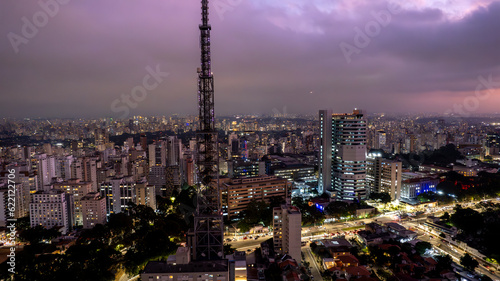 Aerial view of Av. Paulista in Sao Paulo, SP. Main avenue of the capital. Photo at night, with car lights. © Pedro