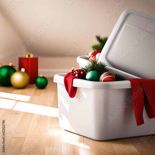Plastic Tote Filled With Christmas Decorations in a Storage Room