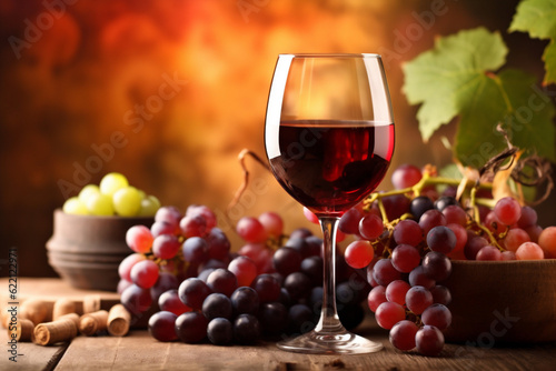 grape bottle alcohol drink winery glass wine beverage food wood background. Generative AI.