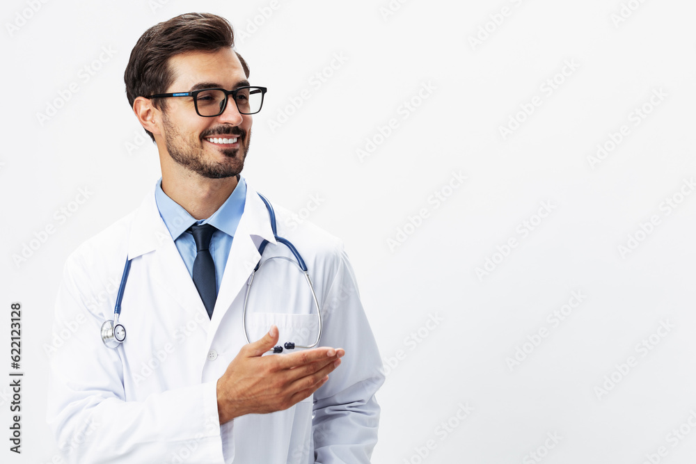 Man smiling with teeth doctor in white coat and eyeglasses and stethoscope looking into camera on white isolated background, space for copy, space for text, health