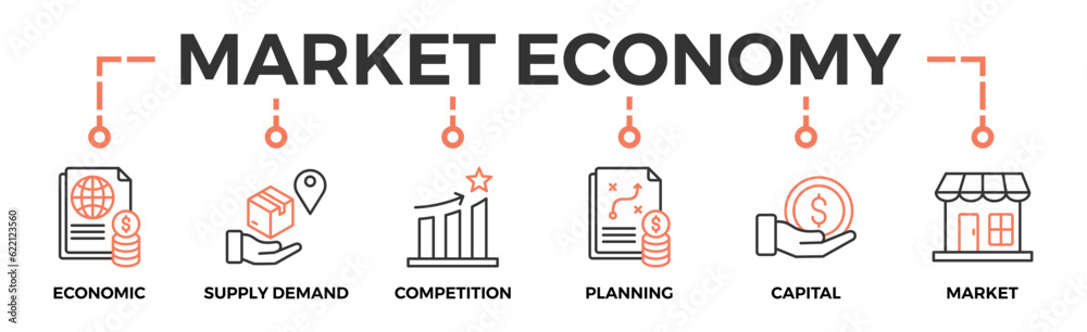 Market economy banner web icon vector illustration concept with icon of economic, supply demand, competition, planning, capital, market Market economy banner web icon vector illustration concept with icon of economic, supply demand, competition, planning, capital, market