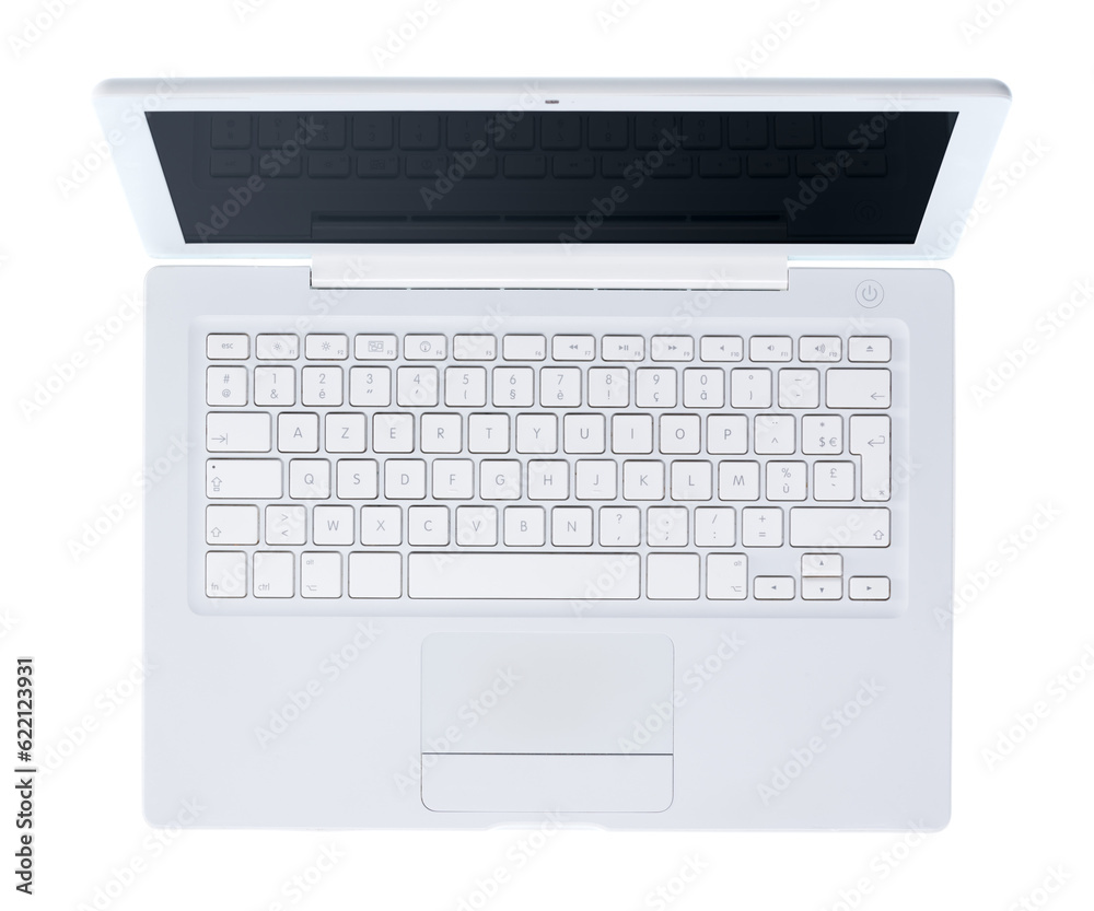 Modern white laptop isolated on white background, top view