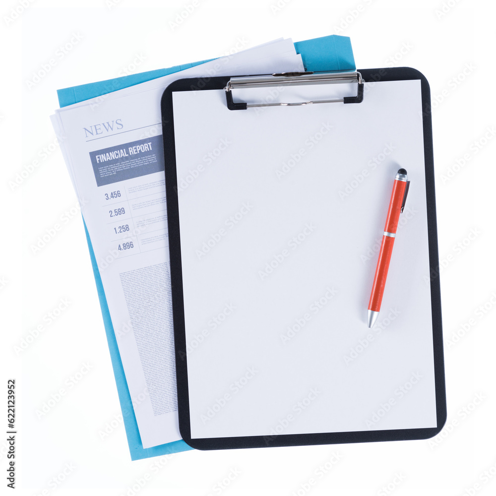 Clipboard with pen and blank sheet over a file and a financial report on white background, finance and accounting concept Clipboard with pen and blank sheet over a file and a financial report on white background, finance and accounting concept