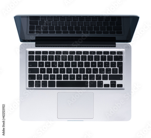 Modern metallic silver laptop isolated on white background, top view
