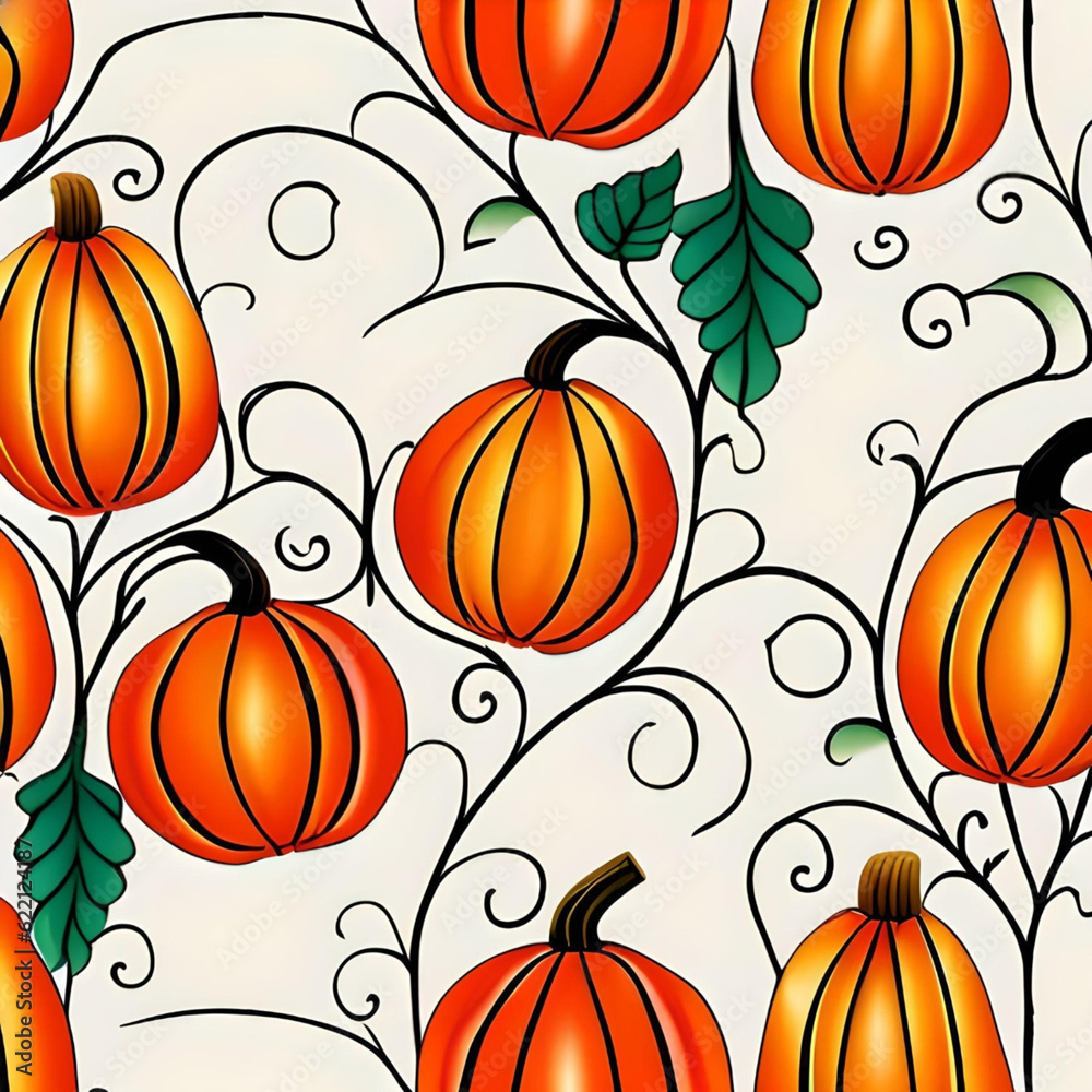 Halloween Pumpkin, Vine, and Leaf Pattern on White 