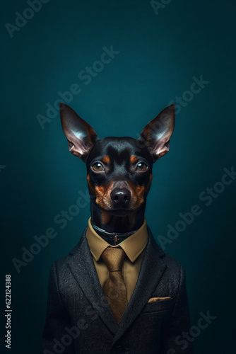 Miniature Pinscher breed dog wearing a suit