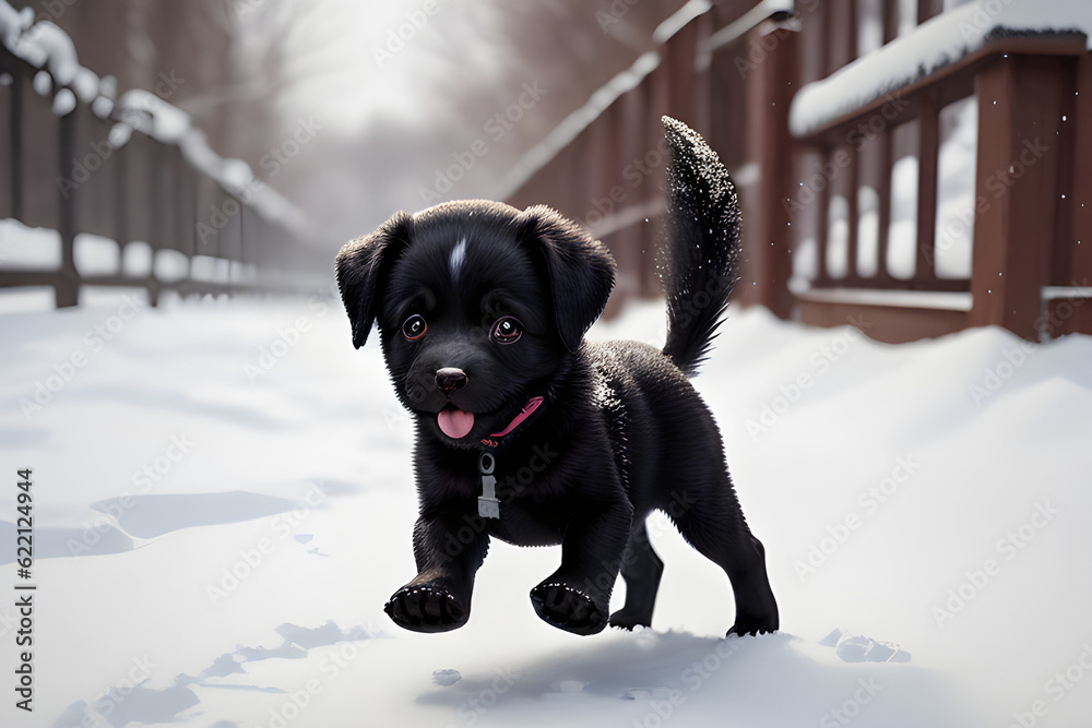 Black dog's exciting snowy walk. Generative AI