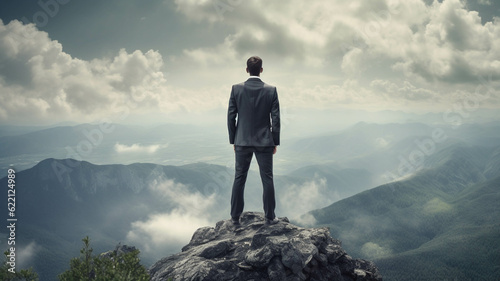 Business man standing on the top of the mountain looking at the valley. Business success concept. generative ai