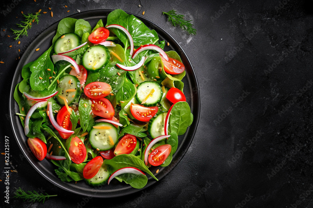 Healthy green salad with fresh tomato, cucumber, red onion and lettuce in bowl on dark stone background. Top view. generative ai. Healthy green salad with fresh tomato, cucumber, red onion and lettuce in bowl on dark stone background. Top view. generative ai.