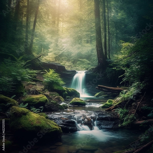 beautiful waterfall in green forest. generative ai.