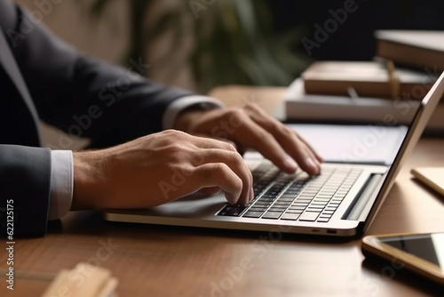 Closeup man's hands using laptop. Business communication concept. generative ai.