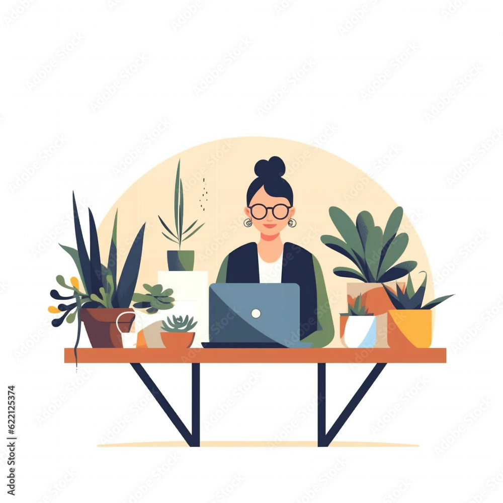 tech illustration, woman at desk surrounded by succulents, simple minimal. Generative Ai.