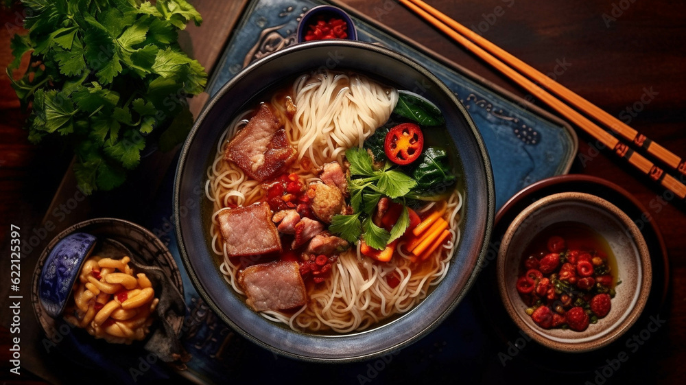 thai style noodle soup and red pork on table. generative ai.