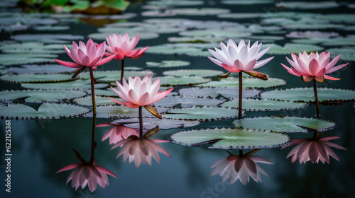 Beauty blossom lotus flower in pond and reflection on surface. generative ai.