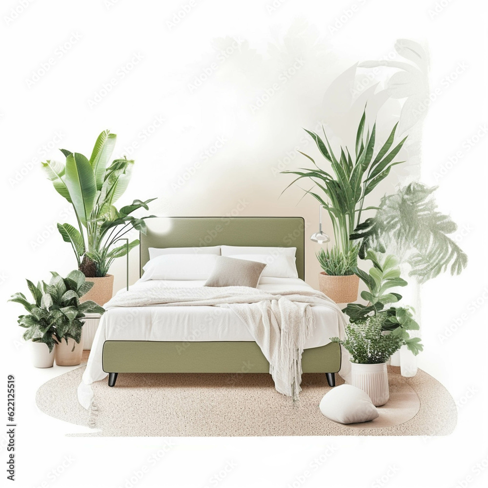 Interior of modern bedroom with houseplants. generative ai. Interior of modern bedroom with houseplants. generative ai.