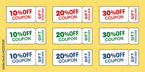 クーポン券の色違いセット：10% OFF, 20% OFF, 30% OFF