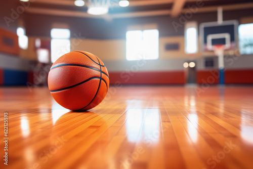 Basketball ball in gym, copy space, close up, orange bakground © lermont51