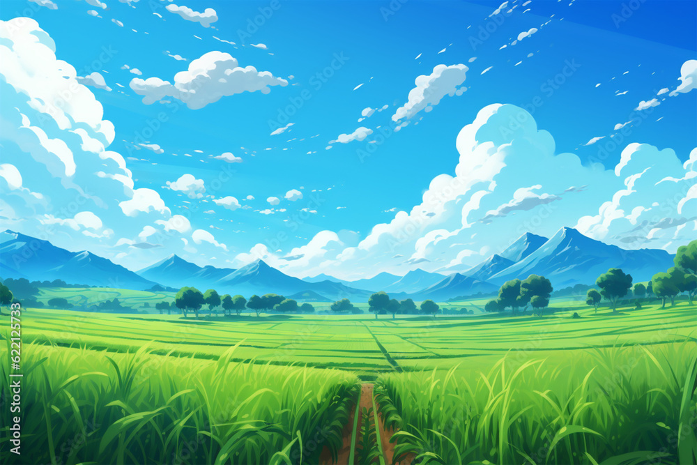 Generative AI. the background of an anime style rice field Stock ...