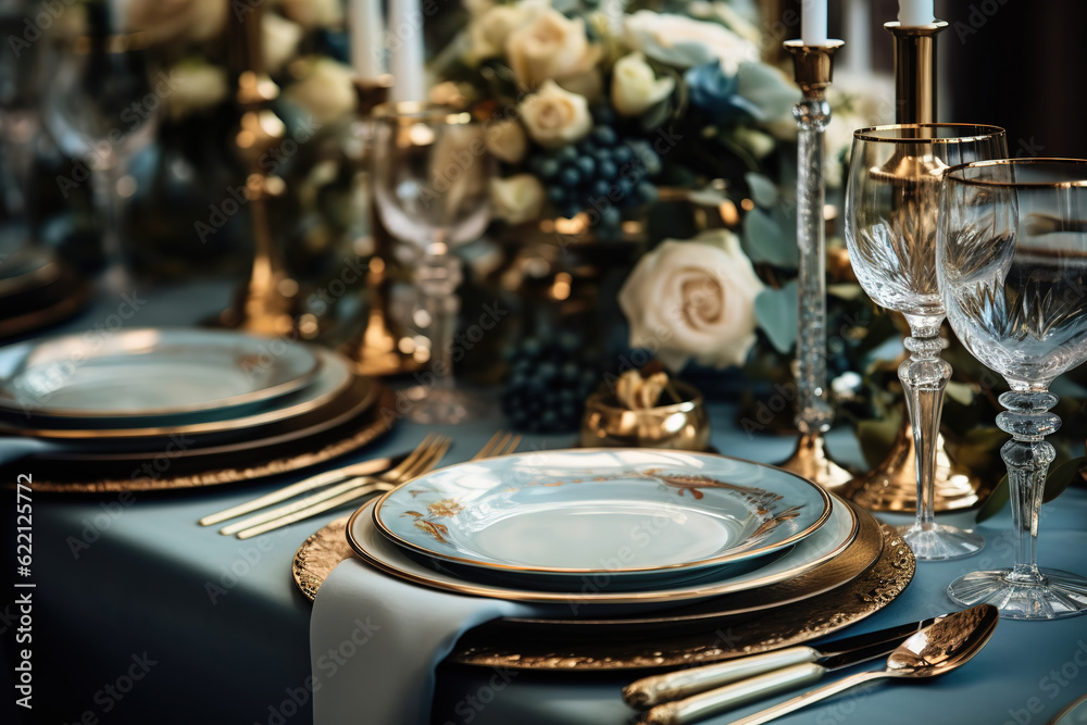 Wedding decor, table details close up. Blue and gold luxury design Wedding decor, table details close up. Blue and gold luxury design