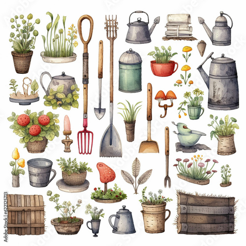 Set of garden elements. Hand made watercolor illustration. generative ai.