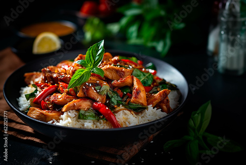 Stir-fried basil and chicken and rice - Thai street food. generative ai.