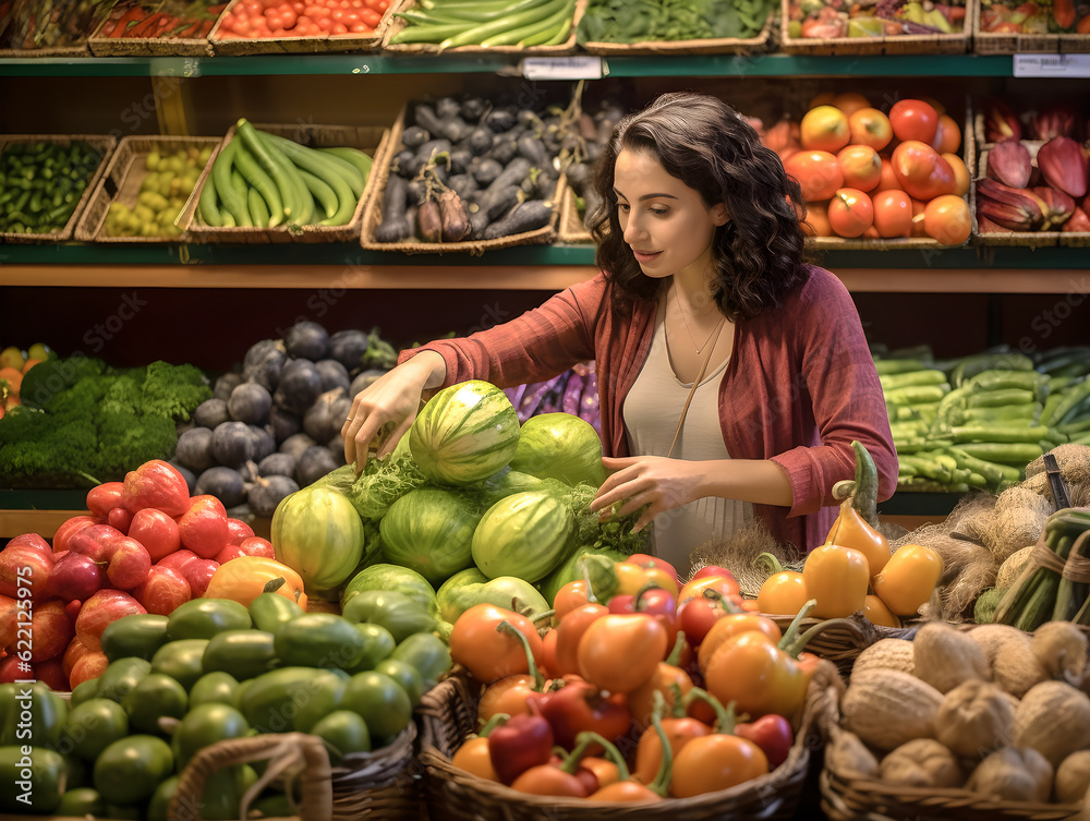 Latina ordering fruits and vegetables at a retail business, stocking a supermarket and contributing to the local economy